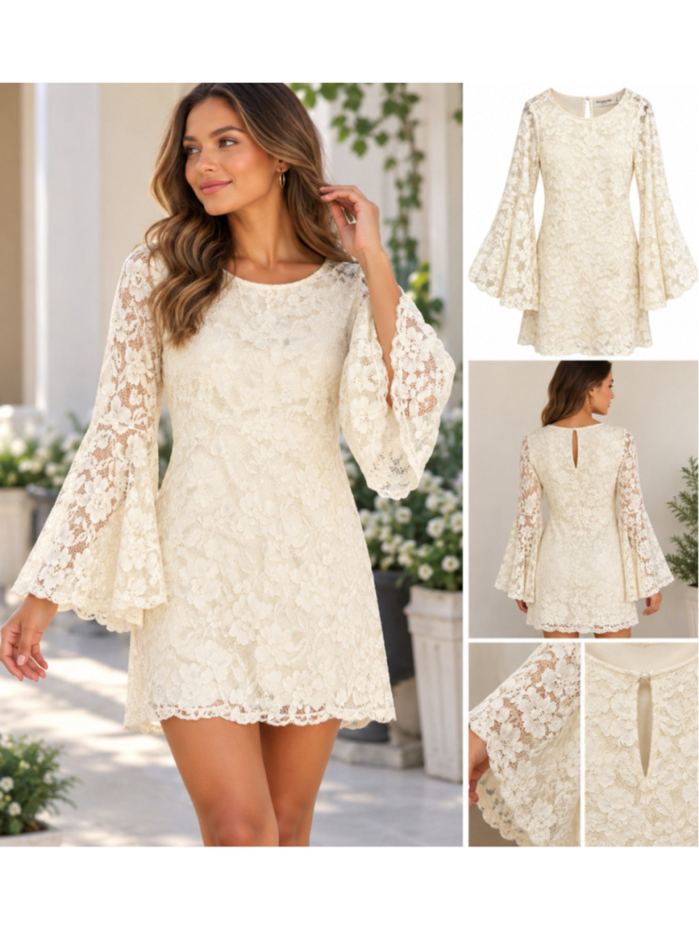 Abercrombie & Fitch Ivory Floral Lace Bell Sleeve S Mini Dress
Romantic Bridal